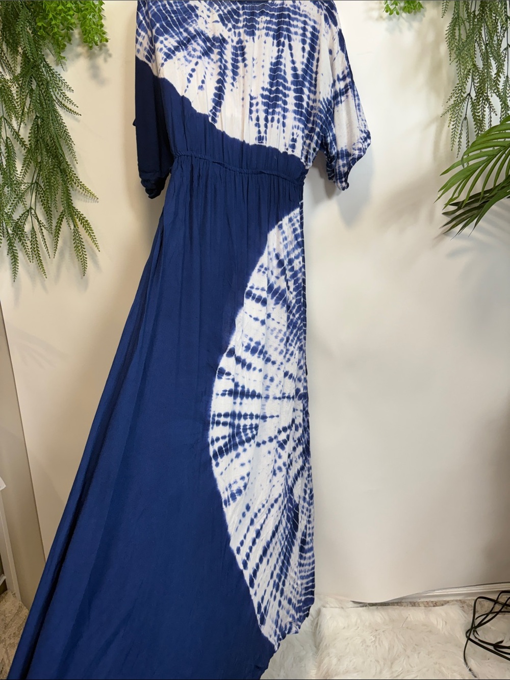 Japna Navy and White Tie-Dye Wrap Maxi Dress with Side Tie - Picture 11 of 15
